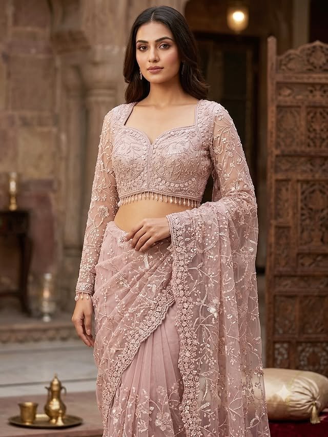 Rajshri Fashions Blush Pink Net Embellished Saree